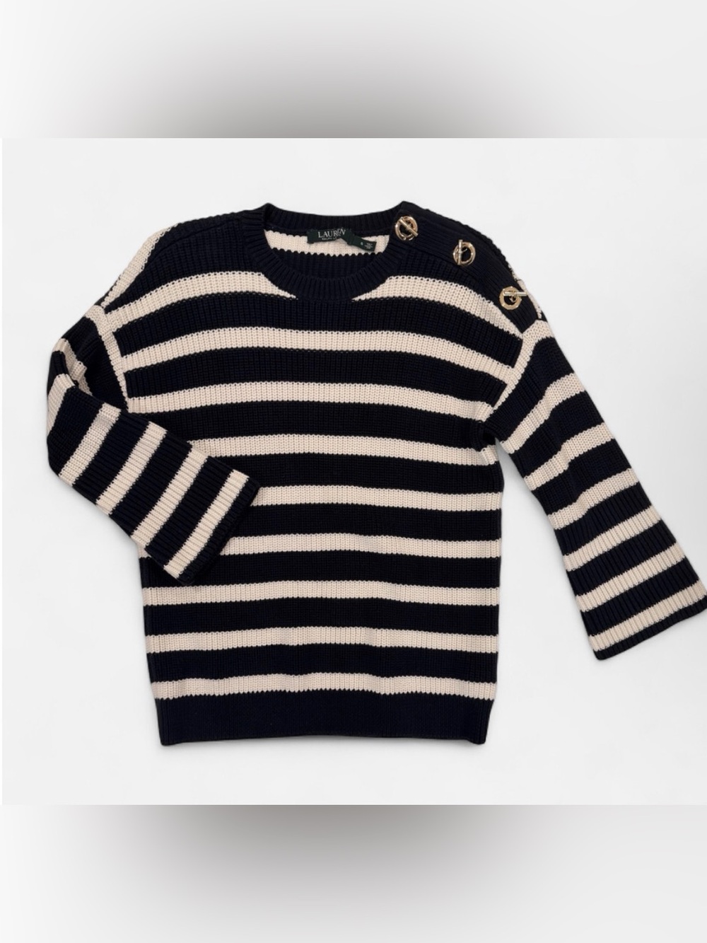 Lauren Ralph Lauren Navy and Cream Striped Button-Shoulder Crew Sweater